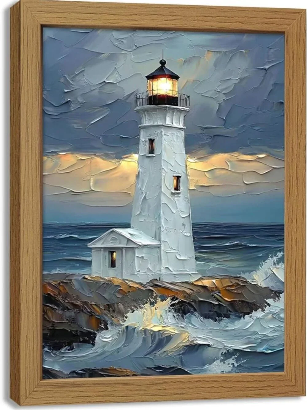 Blue Ocean Island Lighthouse Wall Art - 16x12 Framed Decor for Coastal Home
